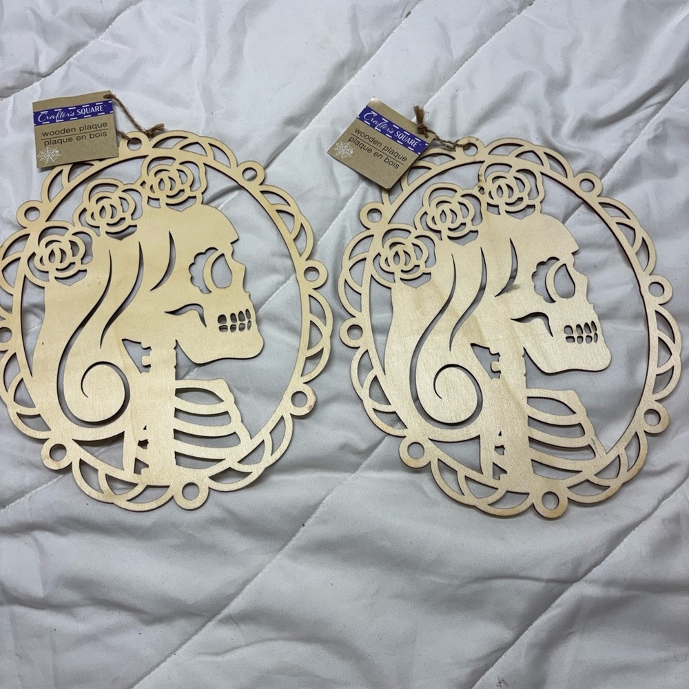 2 Skeleton Wooden Plaque Wall Art Decor- to paint or decorate craft. Halloween